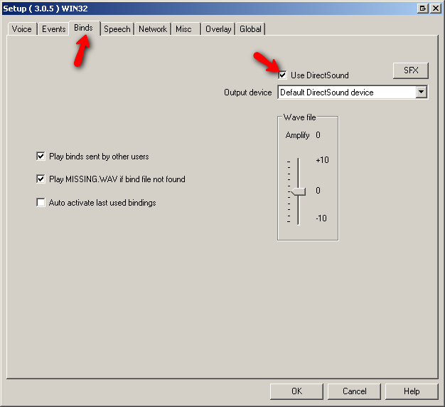 Ventrilo use direct sound binds
